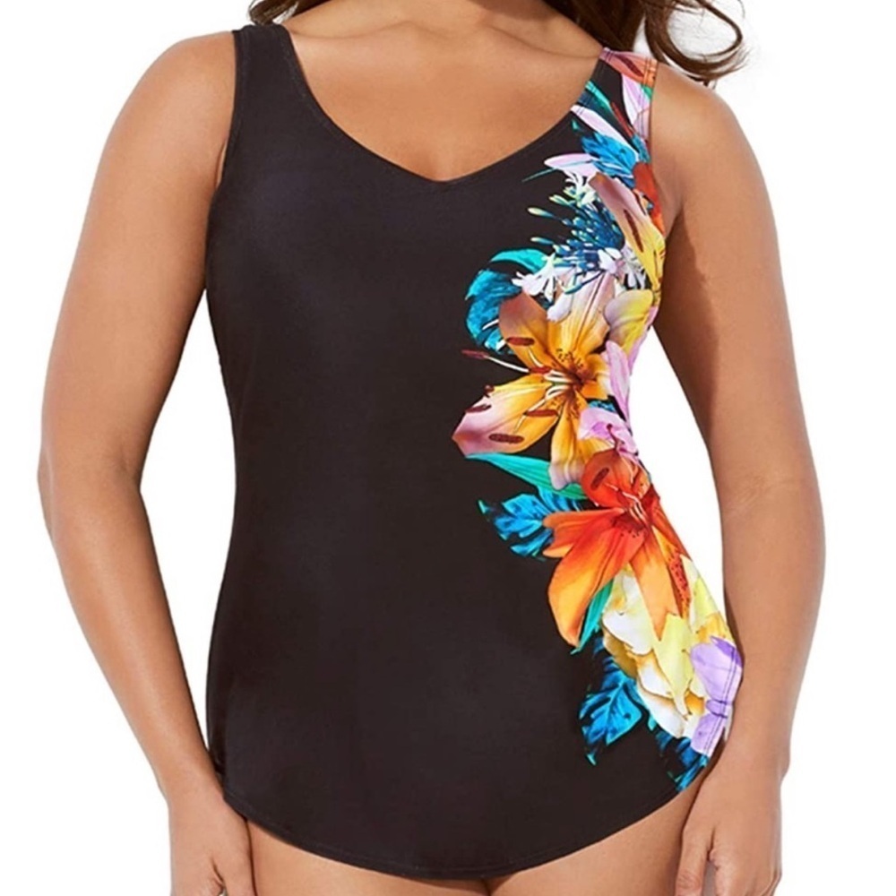 Nwot Swimsuits For All Women Sarong Front One Piece Swimsuit Black Floral